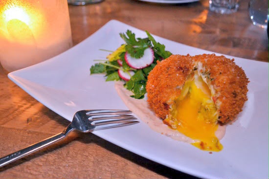 Famous Crabcake Scotch Egg w/ Petite Herb Salad, Scotch Bonnet Aioli